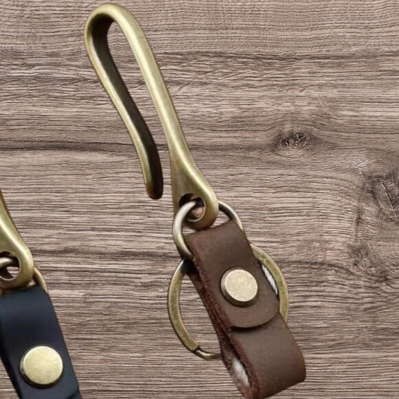 Deep Brown Leather & Brass Quick Release Belt Hook Clip Key Chain - Picture 2 of 5